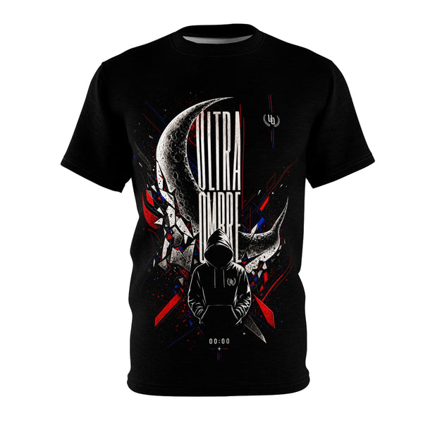 Ultra Ombre Moon Tee — Cosmic Hooded Figure Graphic T‑Shirt